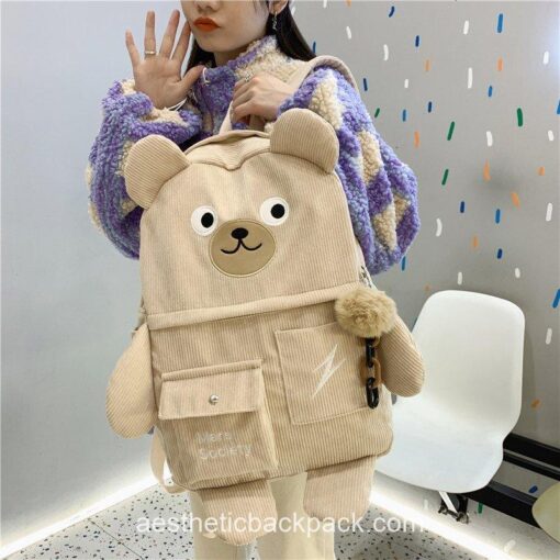 Japanese Corduroy Bear Aesthetic Multi-pockets Backpack 11