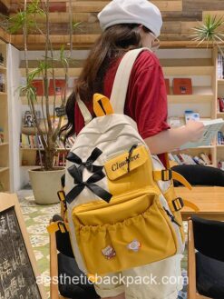 Aesthetic Korean Panelled Preppy Bow Patchwork Backpack 2