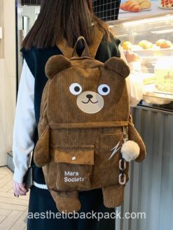 Japanese Corduroy Bear Aesthetic Multi-pockets Backpack 1