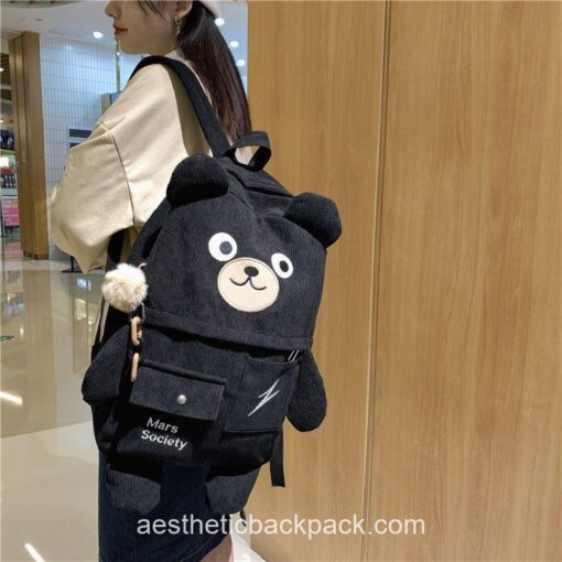 Japanese Corduroy Bear Aesthetic Multi-pockets Backpack 10