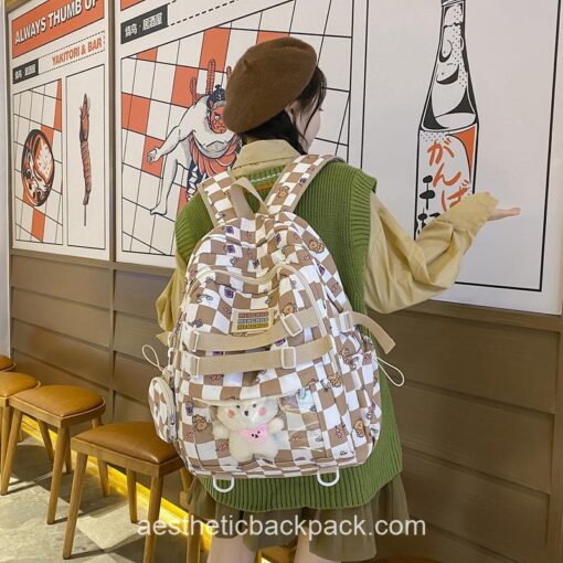 Kindhearted High Quality Korean Style Plaid Clear-Pocket Backpack 20