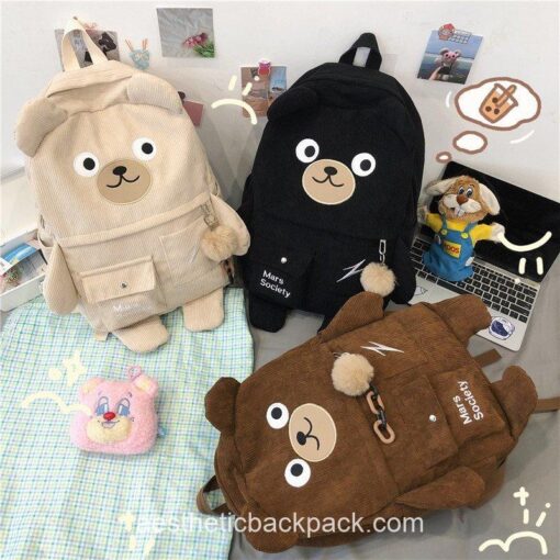 Japanese Corduroy Bear Aesthetic Multi-pockets Backpack 2