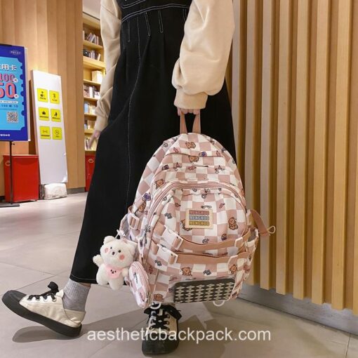 Kindhearted High Quality Korean Style Plaid Clear-Pocket Backpack 16