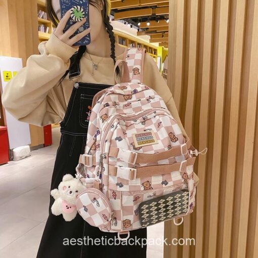 Kindhearted High Quality Korean Style Plaid Clear-Pocket Backpack 15
