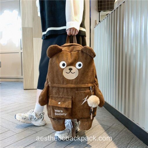 Japanese Corduroy Bear Aesthetic Multi-pockets Backpack 4