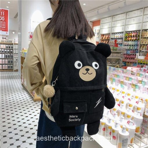 Japanese Corduroy Bear Aesthetic Multi-pockets Backpack 3