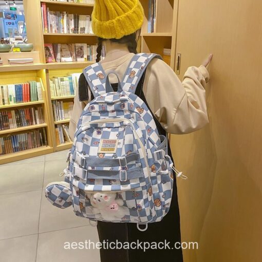 Kindhearted High Quality Korean Style Plaid Clear-Pocket Backpack 18