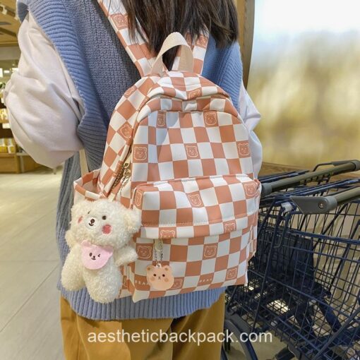 Warmhearted Japanese Cute Bear Small Classic Plaid Backpack 2